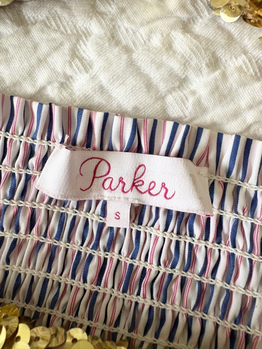 Parker Largo Striped Off Shoulder Blouse in Pink, White & Blue - Picture 7 of 9